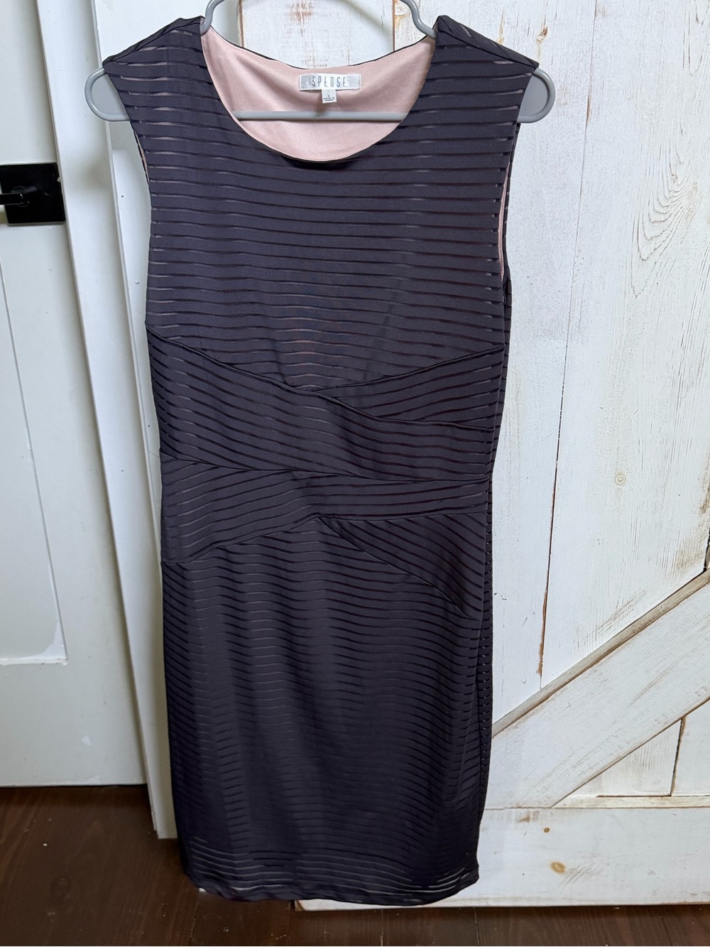 Spense Sleeveless Sheer-Striped Midi Dress in Charcoal and Blush 0406